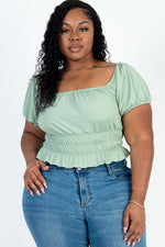 Plus Ruched Puff Sleeve Ribbed Knit Top