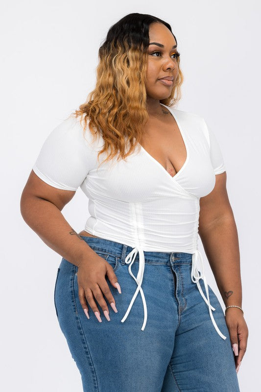 Plus Size Ribbed Ruched Drawstring Surplice Top