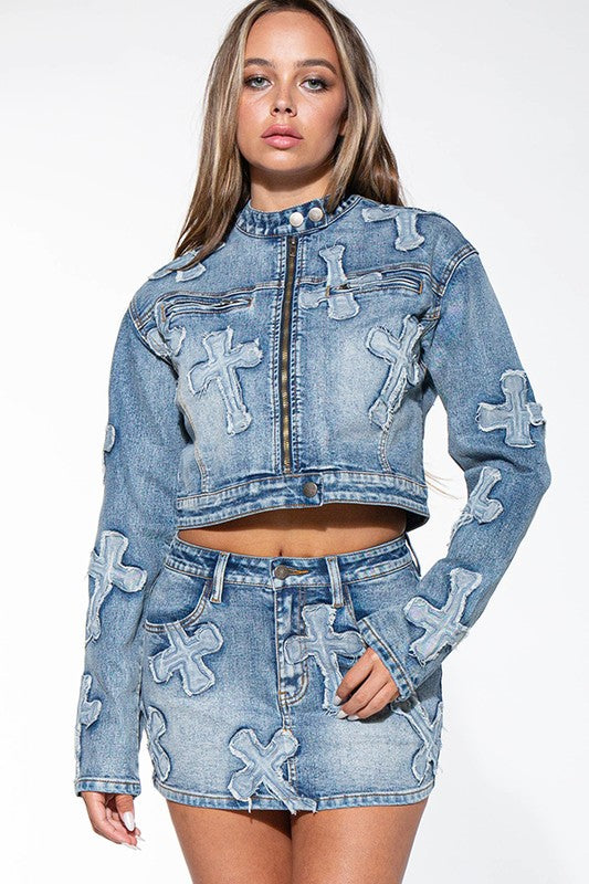 CROSS PATCH ZIP UP DENIM JEAN MOTO JACKET & MINI SKIRT