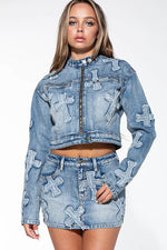 CROSS PATCH ZIP UP DENIM JEAN MOTO JACKET & MINI SKIRT