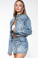 CROSS PATCH ZIP UP DENIM JEAN MOTO JACKET & MINI SKIRT
