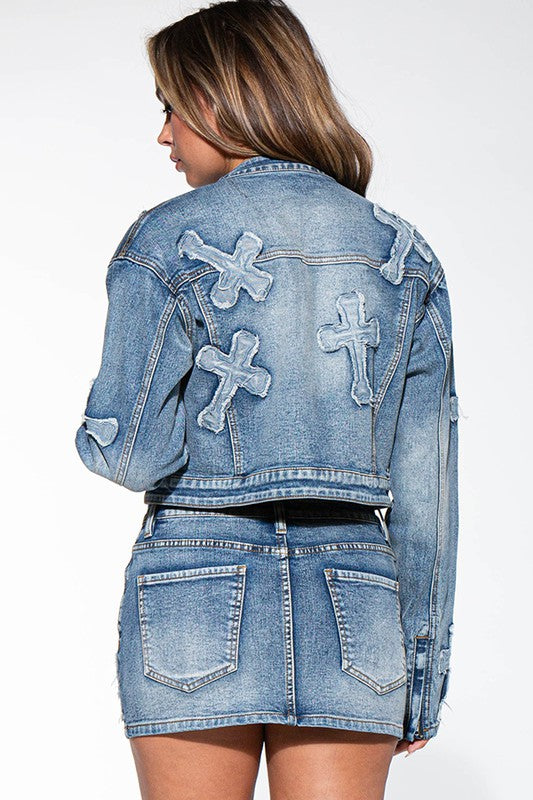 CROSS PATCH ZIP UP DENIM JEAN MOTO JACKET & MINI SKIRT