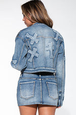 CROSS PATCH ZIP UP DENIM JEAN MOTO JACKET & MINI SKIRT