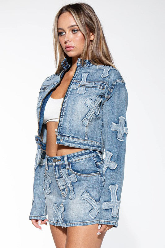 CROSS PATCH ZIP UP DENIM JEAN MOTO JACKET & MINI SKIRT