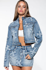 CROSS PATCH ZIP UP DENIM JEAN MOTO JACKET & MINI SKIRT