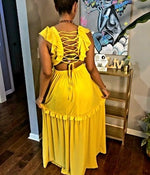 LACE UP WOVEN SLEEVELESS MAXI DRESS BACK DETAIL