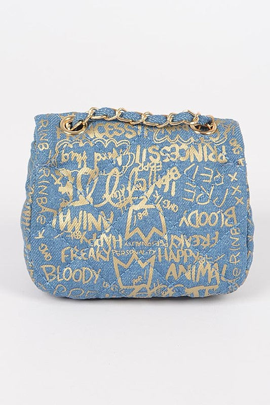 Metallic Graffiti Quilted Denim Mini Bag