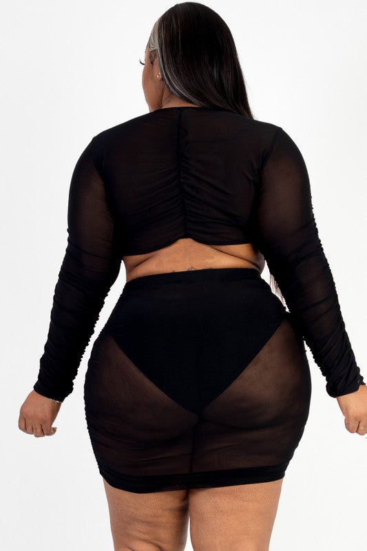 Plus Mesh Tie Front Crop Top & Ruched Side Skirt