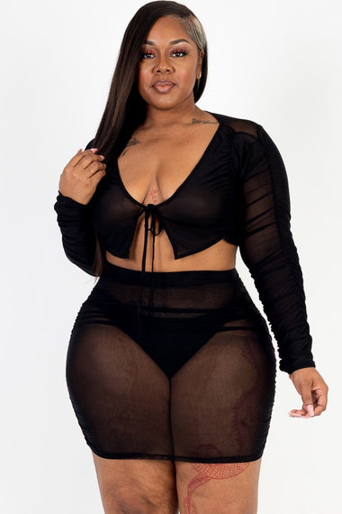 Plus Mesh Tie Front Crop Top & Ruched Side Skirt