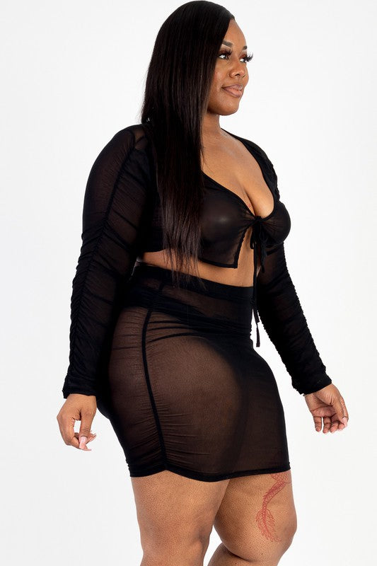 Plus Mesh Tie Front Crop Top & Ruched Side Skirt