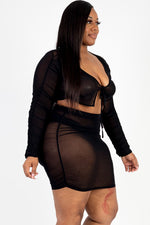 Plus Mesh Tie Front Crop Top & Ruched Side Skirt