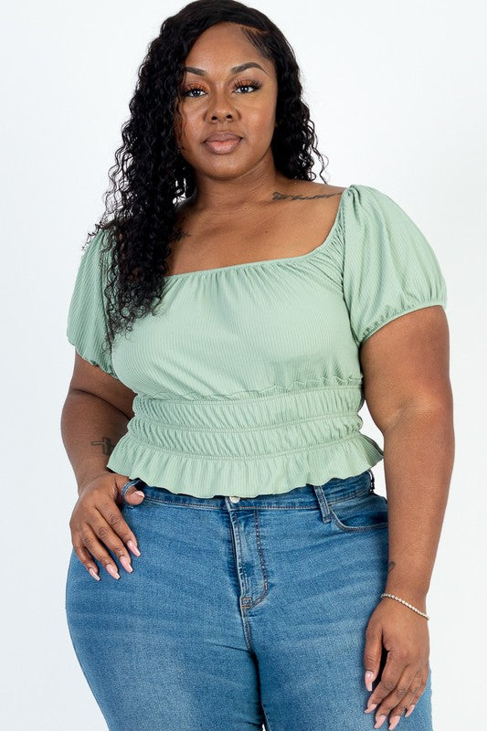 Plus Ruched Puff Sleeve Ribbed Knit Top