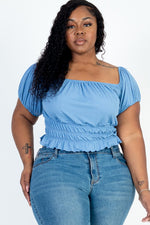 Plus Ruched Puff Sleeve Ribbed Knit Top