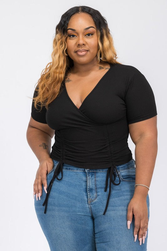 Plus Size Ribbed Ruched Drawstring Surplice Top