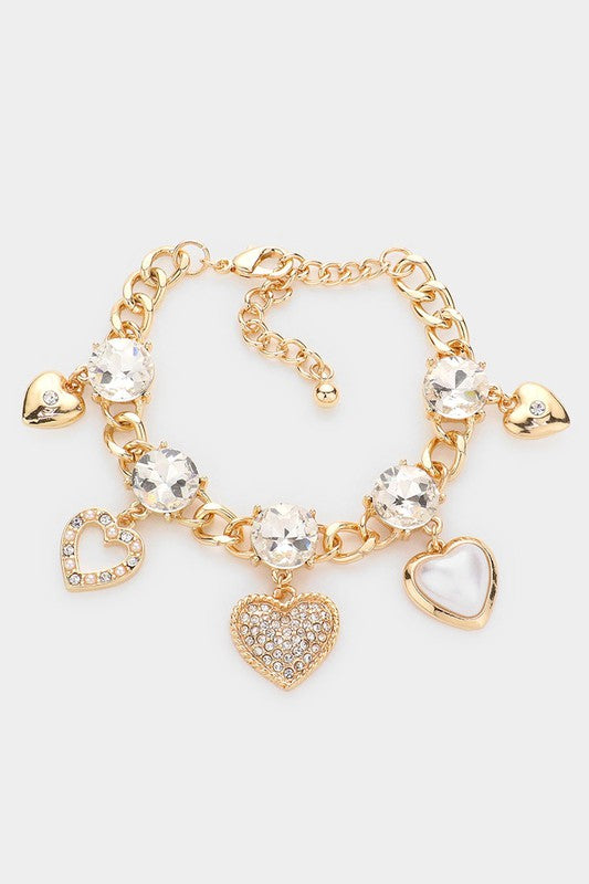 Pearl Stone Embellished Heart Charm Bracelet