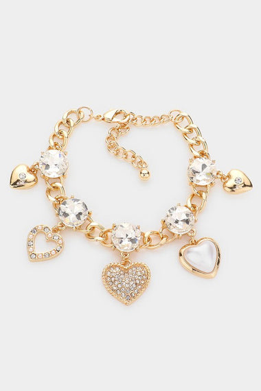 Pearl Stone Embellished Heart Charm Bracelet