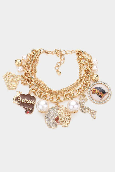 Pearl Queen Afro Girl Charm Multi Layered Bracelet