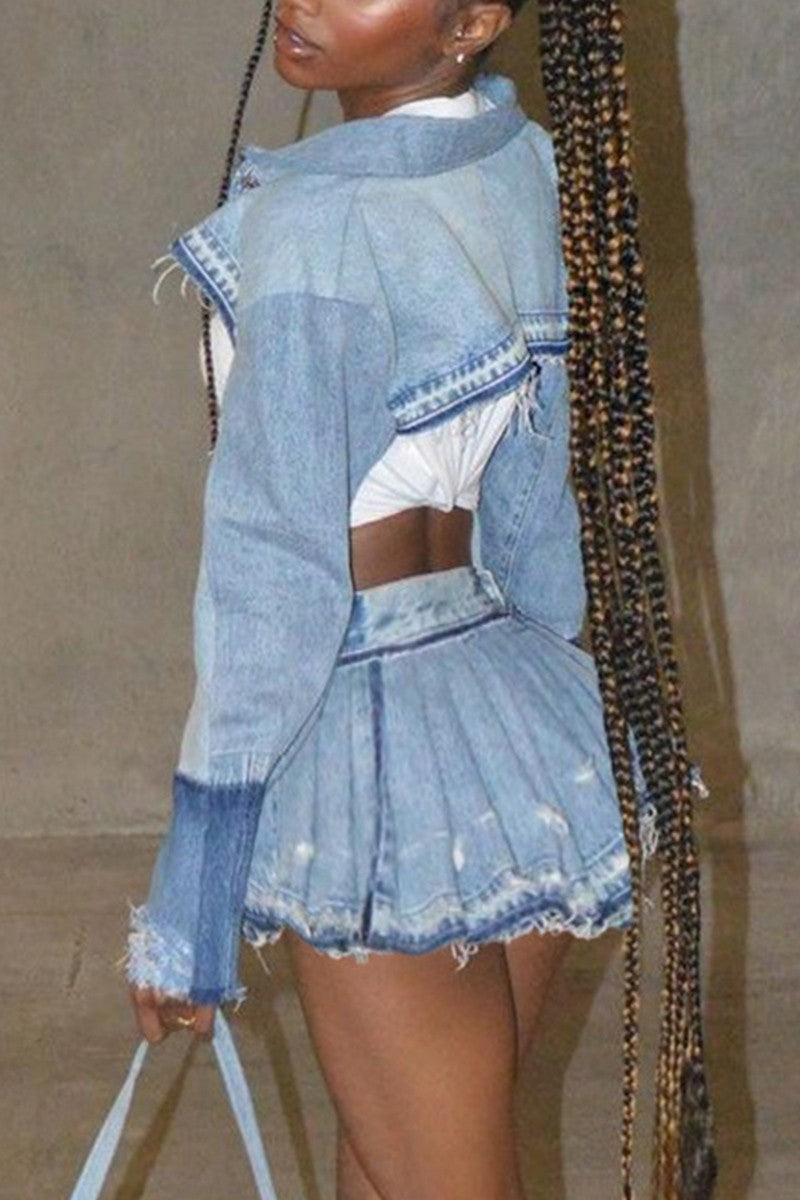 Denim Pleated Short Skirt