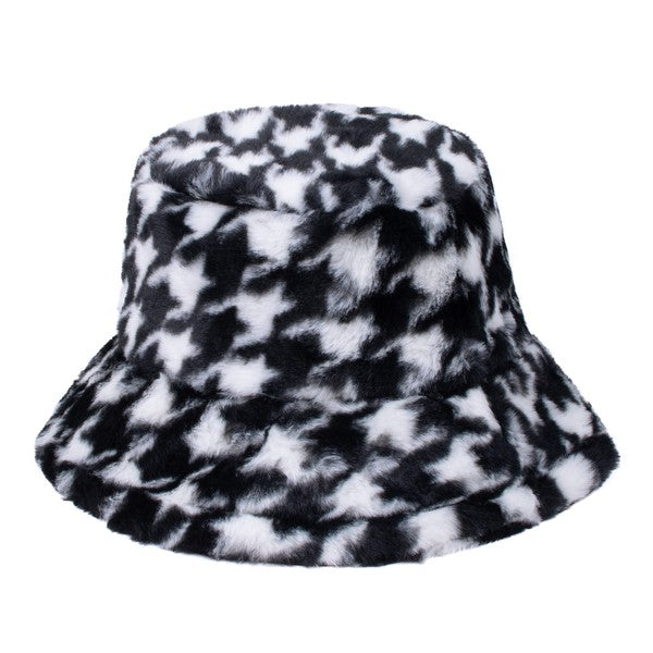 Ladies Plush Houndstooth Bucket Hat