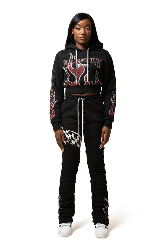 RACING FLEECE HOODIE WITH STACKED PANTS SET PRINT & EMB
