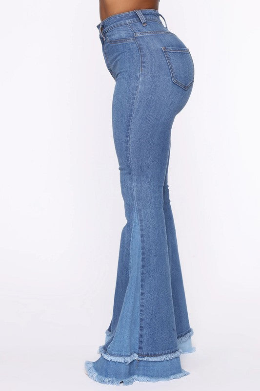 High Rise Light Blue & Medium Blue Two Tones Flare Jeans