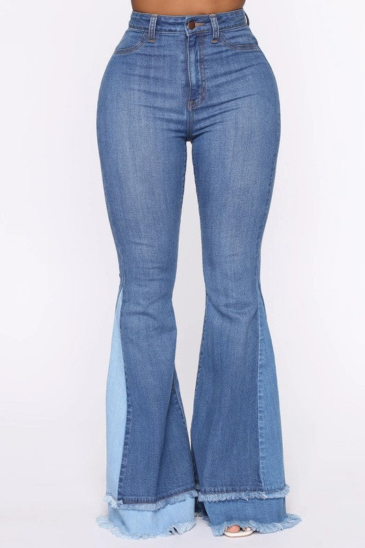 High Rise Light Blue & Medium Blue Two Tones Flare Jeans