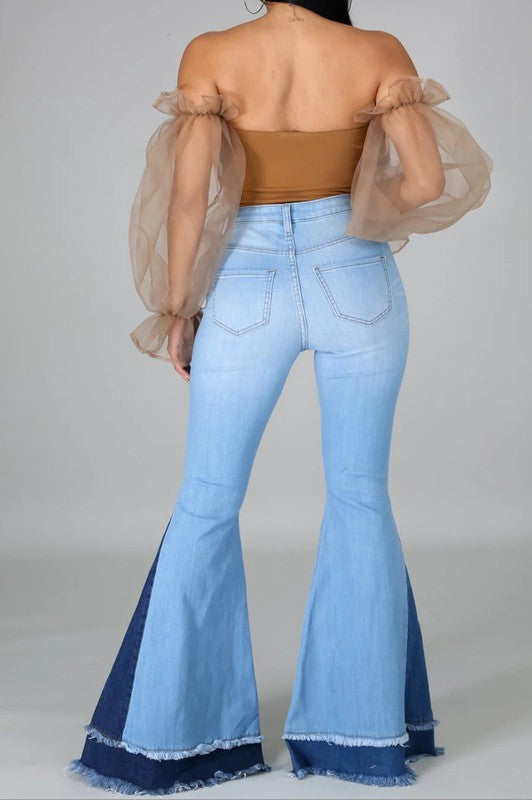 High Rise Light Blue & Medium Blue Two Tones Flare Jeans