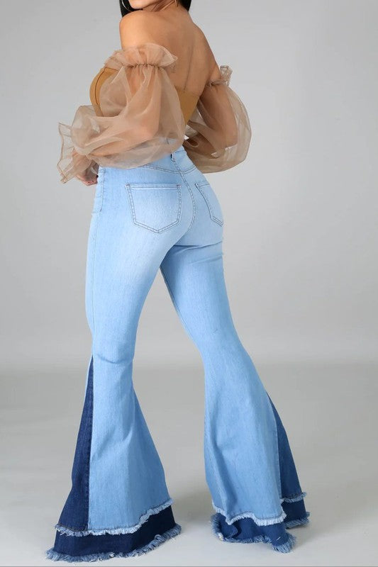 High Rise Light Blue & Medium Blue Two Tones Flare Jeans