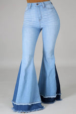 High Rise Light Blue & Medium Blue Two Tones Flare Jeans