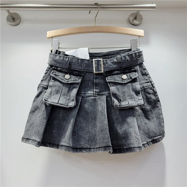 Pleated Denim Mini Skirt