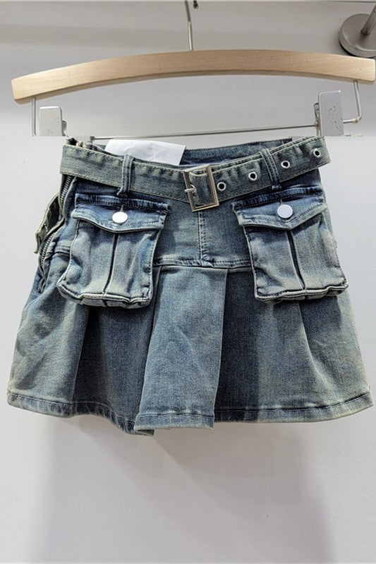 Pleated Denim Mini Skirt