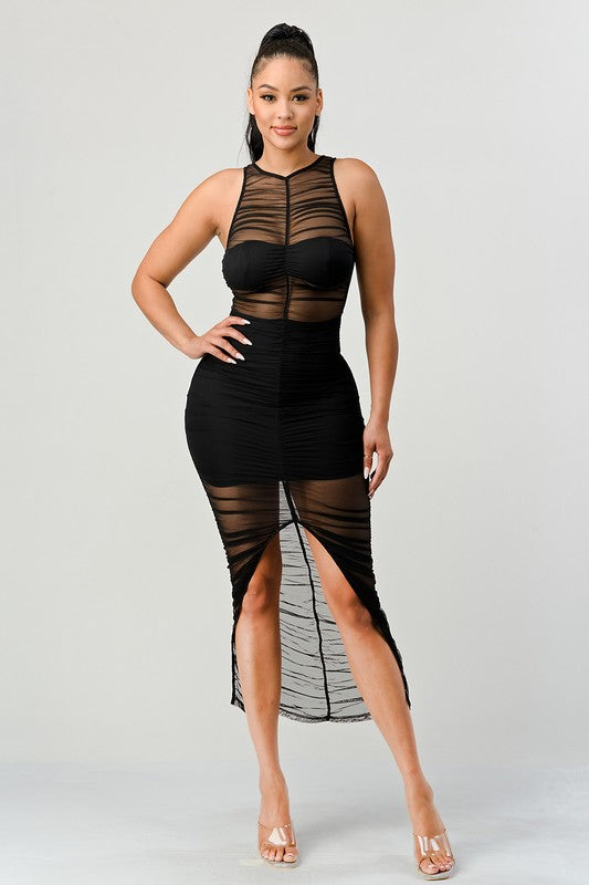 LUXE MESH LINING RUCHED SLITTED MIDI DRESS