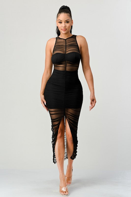 LUXE MESH LINING RUCHED SLITTED MIDI DRESS