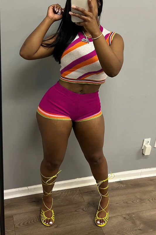 Striped Crochet Crop Tank Top And Shorts Set