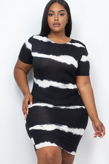 Plus Size Stripe Tie-dye Printed Midi Dress