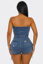 Tube Top Vintage Stretch Denim Cargo Short Romper