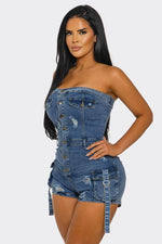 Tube Top Vintage Stretch Denim Cargo Short Romper