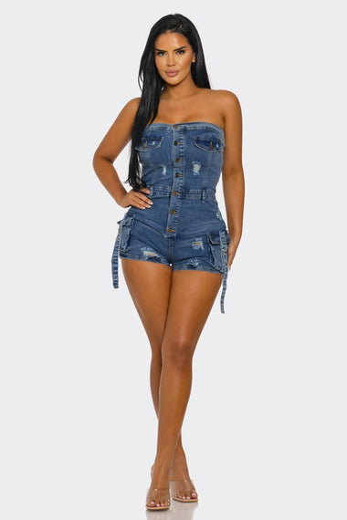 Tube Top Vintage Stretch Denim Cargo Short Romper