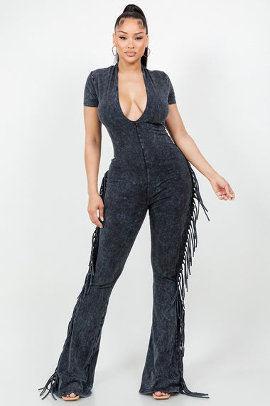 Mineral Wash Cotton Jumpsuit With Side Fringe