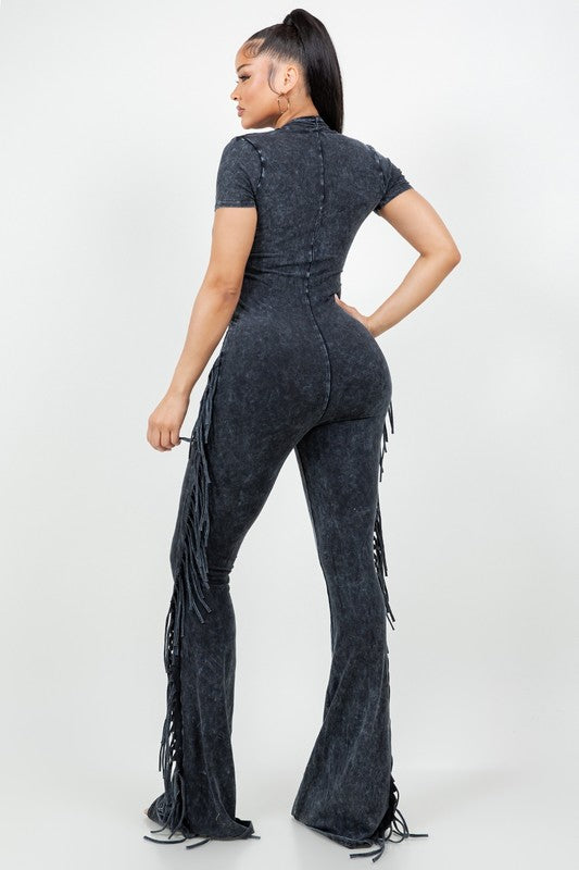 Mineral Wash Cotton Jumpsuit With Side Fringe