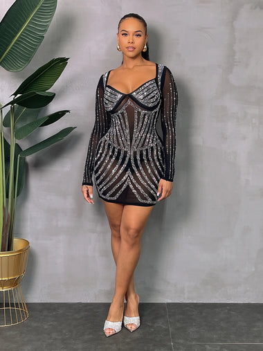 Rhinestone LS Mesh Dress