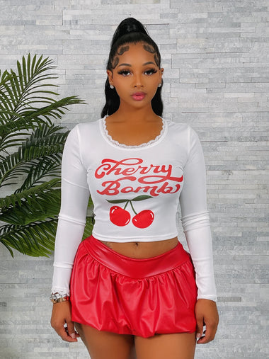 Lace Neckline Cherry LS Top