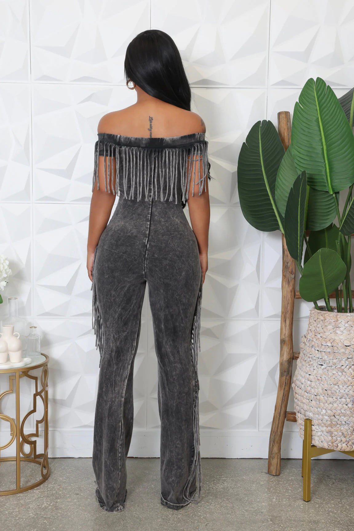 WASH OFF SHOULDER FRINGE JUMPSUIT