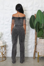 WASH OFF SHOULDER FRINGE JUMPSUIT