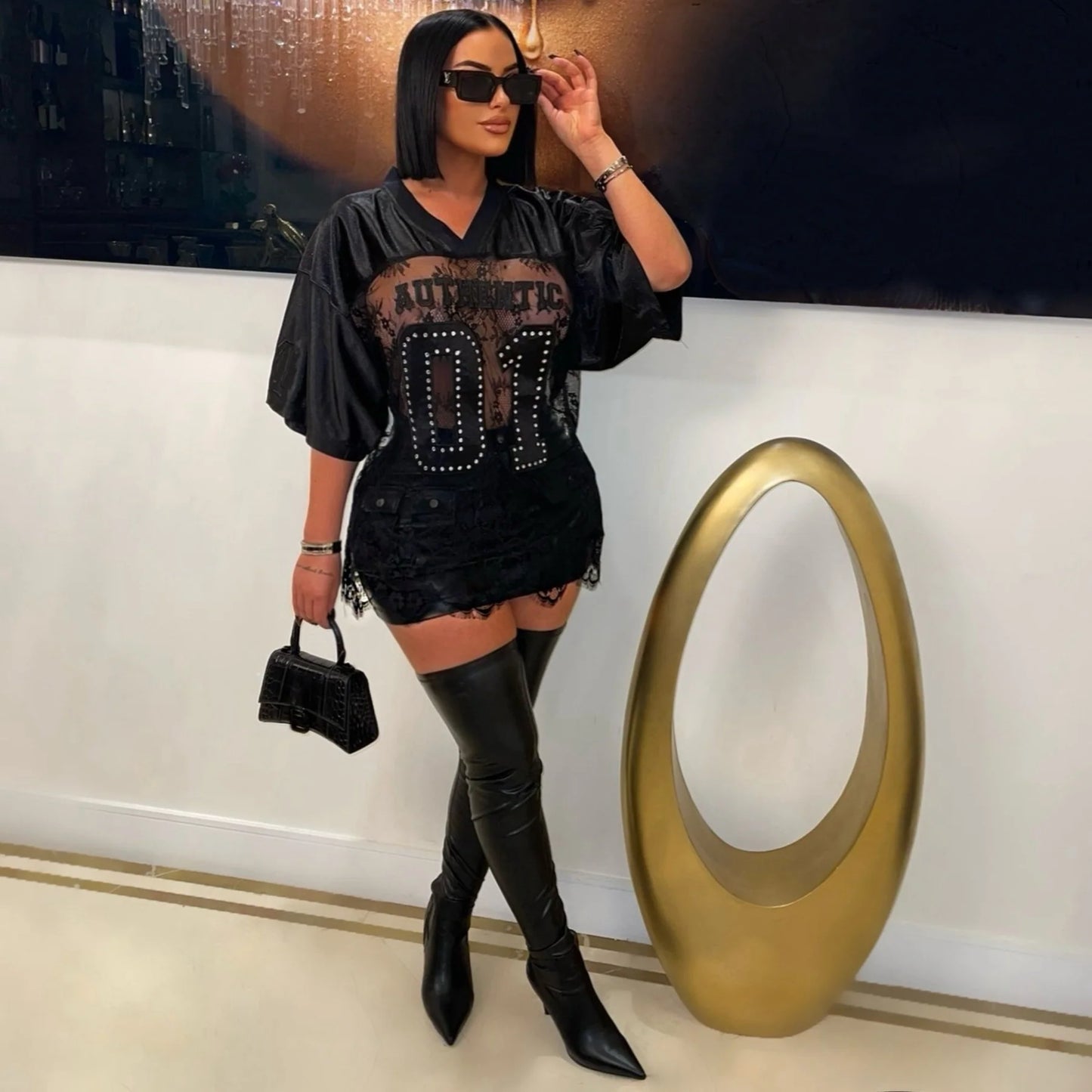 LACE RHINESTONE DETAIL JERSEY TOP