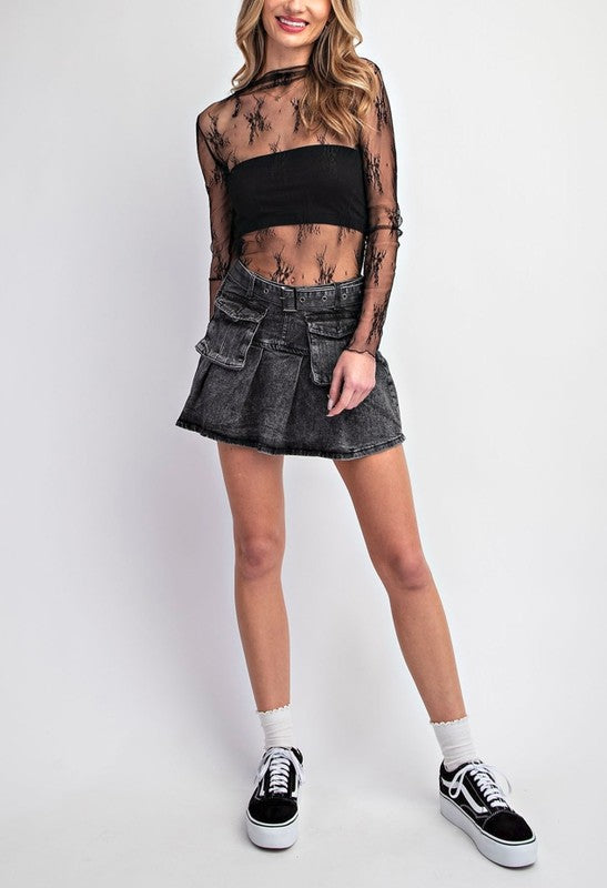 Pleated Denim Mini Skirt