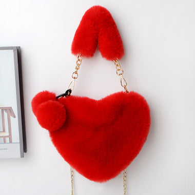 Fluff Ball Heart-shaped Zipper Handbag