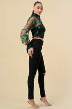 FLORAL PRINTED PUFF SLEEVE SHEER TUTLE NECK TOP