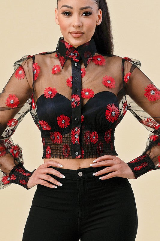 FLORAL PRINTED PUFF SLEEVE SHEER TUTLE NECK TOP