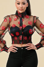 FLORAL PRINTED PUFF SLEEVE SHEER TUTLE NECK TOP